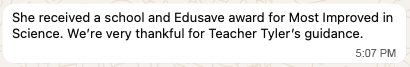 Parent message about a Most Improved in Science award