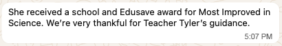 Parent message saying their child received a school and Edusave award for Most Improved in Science.